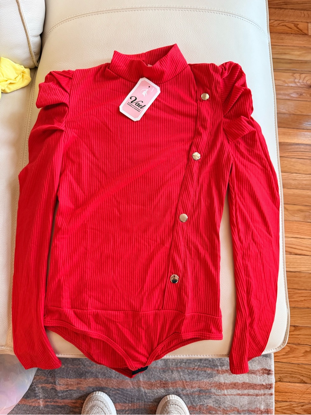 Red Ribbed Button-Accent Mock Neck Bodysuit